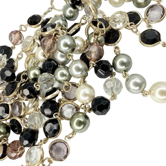 Vintage Black & White Rivoli Beaded Layering Necklace 60" Silver Tone - Picture 5 of 12
